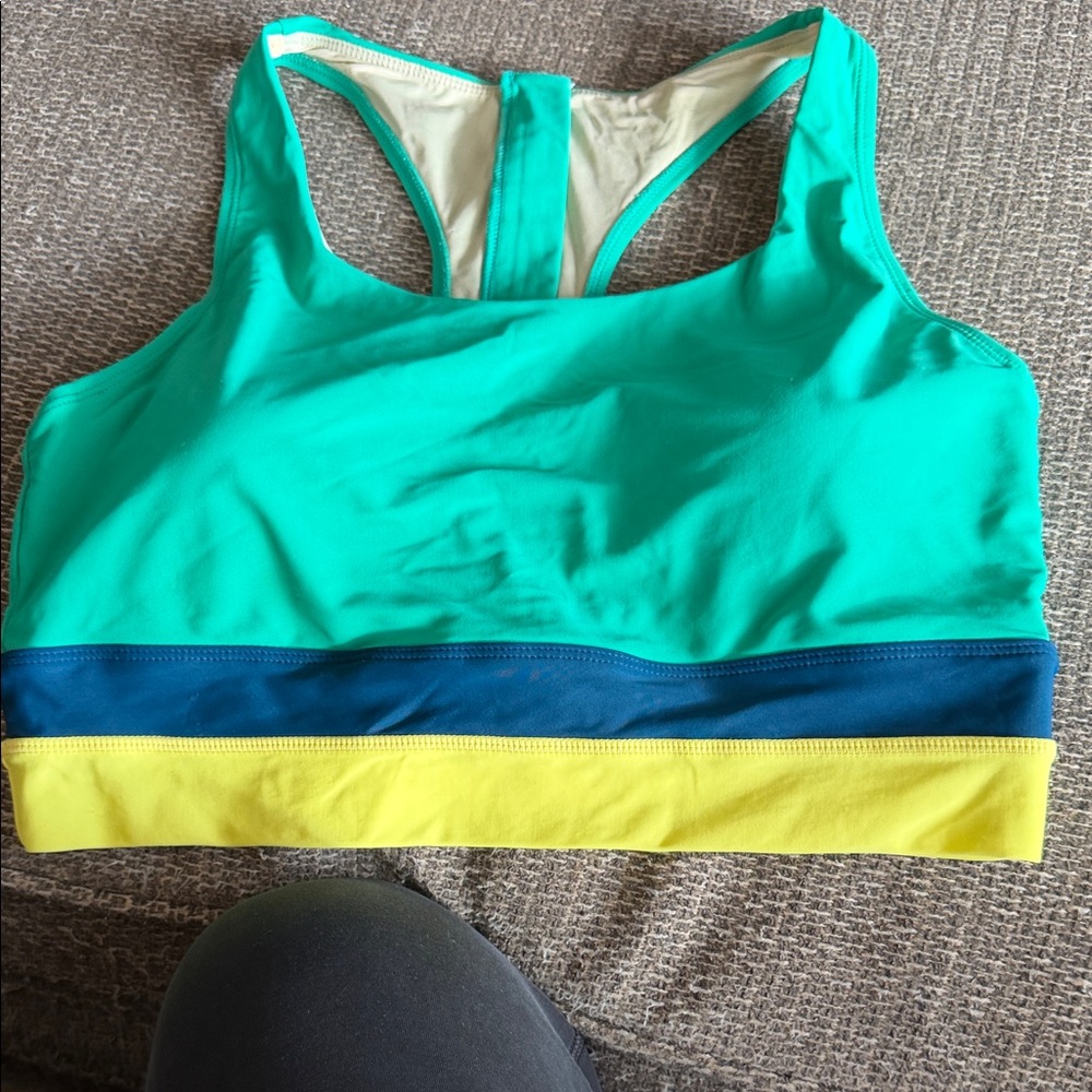 Stylish Women's Bikini Top in Green, Blue, and Yellow
